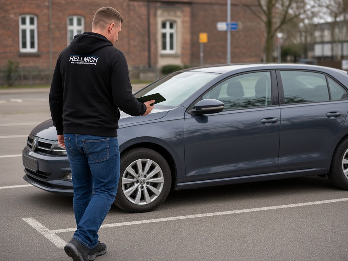 Sachverständiger in der HELLMICH-Jacke geht um ein Fahrzeug und bewertet den Zustand.