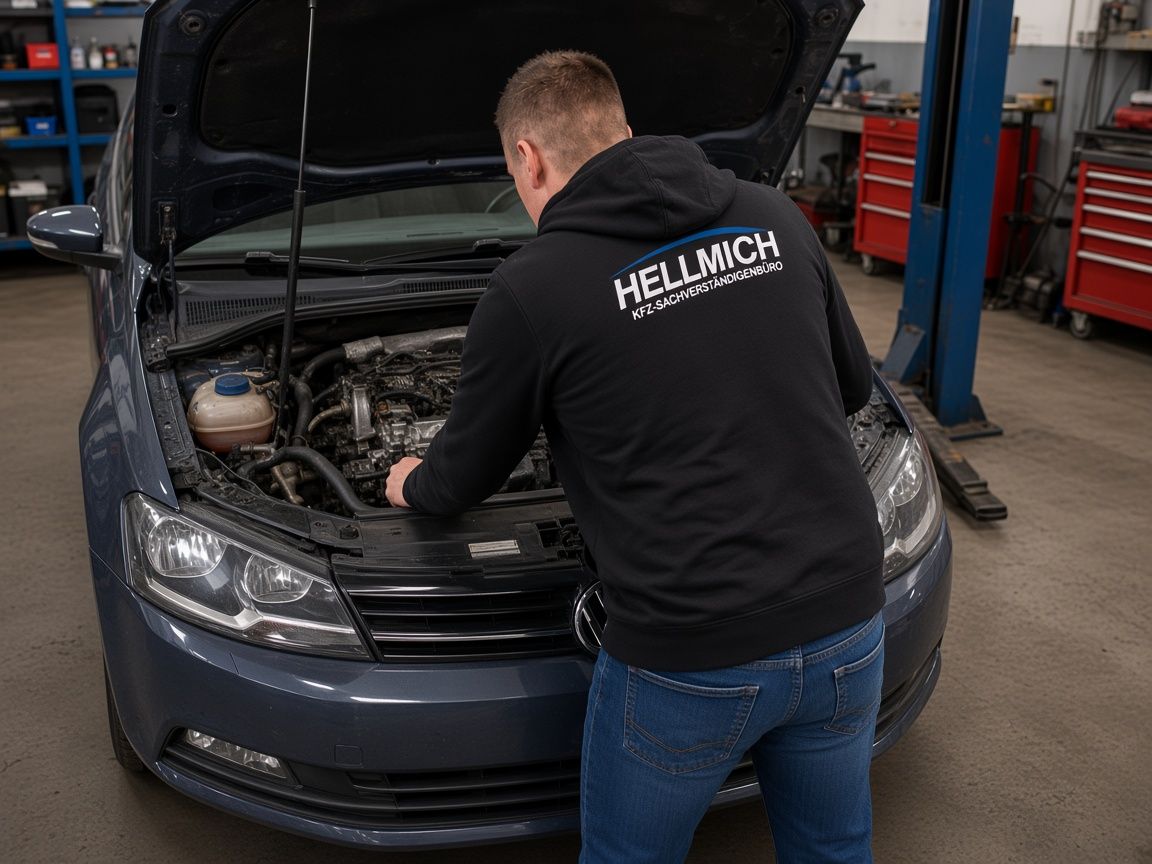 Sachverständiger in der HELLMICH-Jacke prüft den Motorraum eines Gebrauchtwagens.