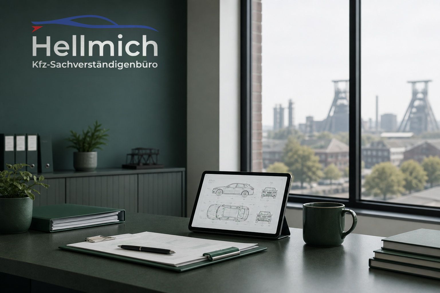 Sachverständigenbüro Hellmich mit technischen Unterlagen und Fensterblick
