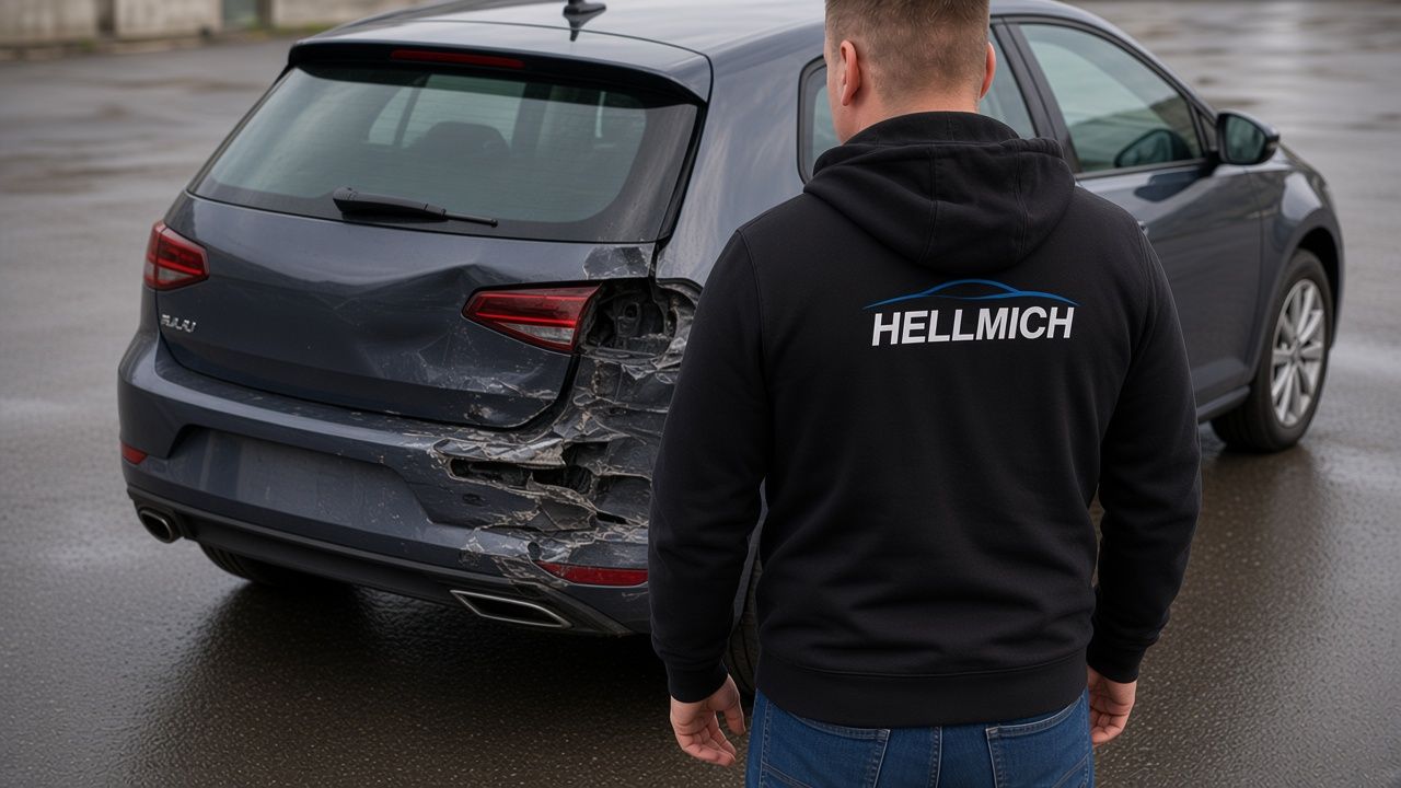 Siegfried Hellmich von hinten in der Hellmich-Jacke am Heckschaden