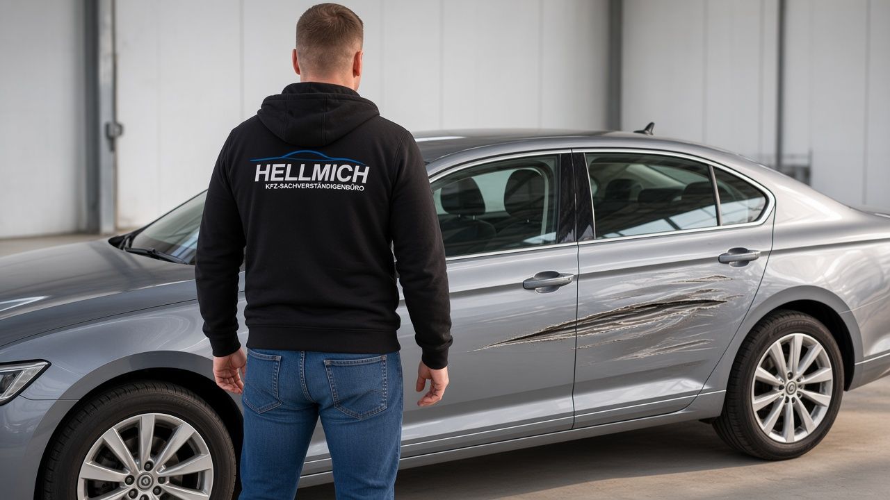 Siegfried Hellmich von hinten in der Hellmich-Jacke am Seitenschaden