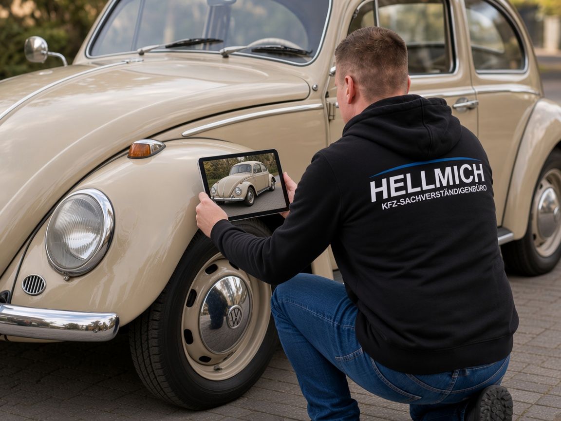 Sachverständiger in der HELLMICH-Jacke dokumentiert Zustand und Originalität eines Oldtimers.