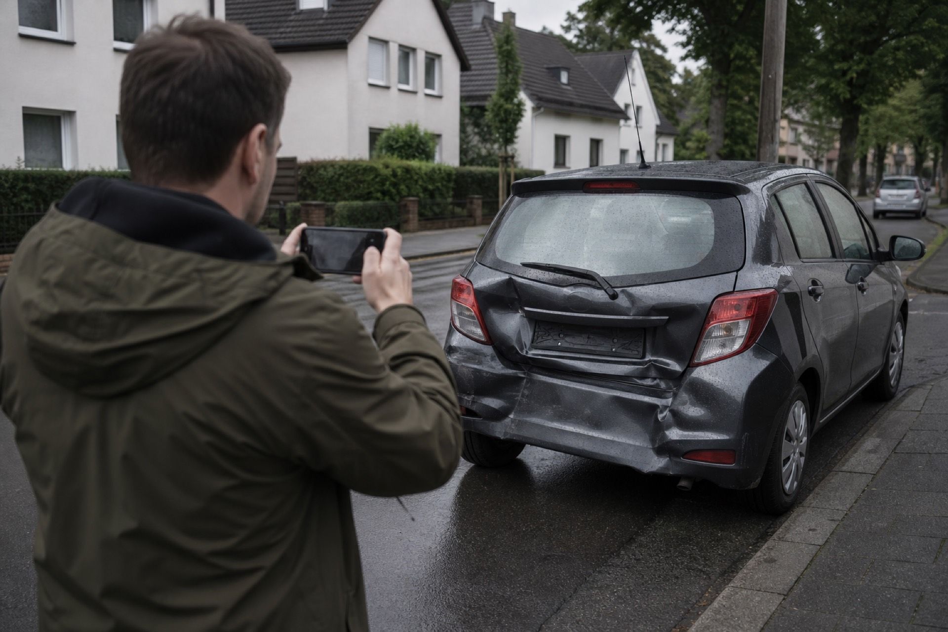 Beschädigtes Fahrzeug am Straßenrand, der Schaden wird mit dem Smartphone dokumentiert