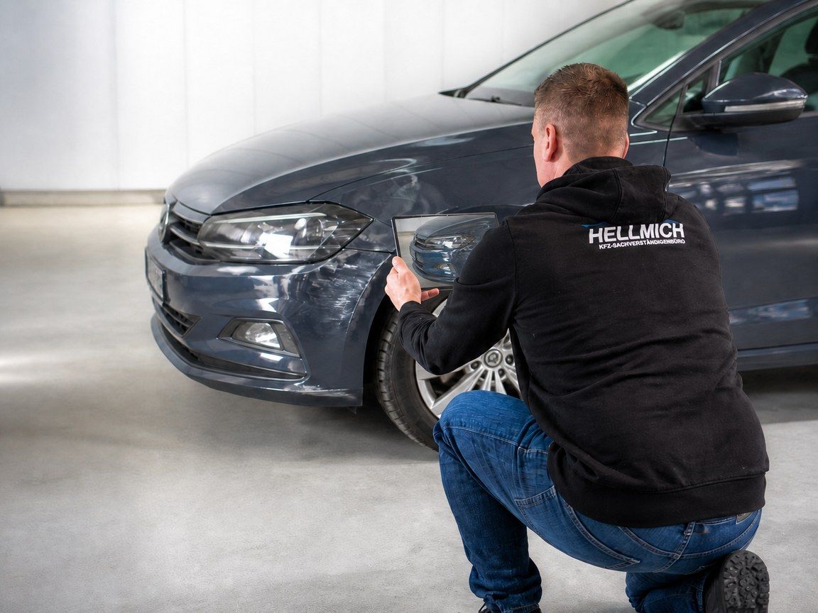Sachverständiger in der HELLMICH-Jacke kniet am Fahrzeug und dokumentiert einen Unfallschaden.