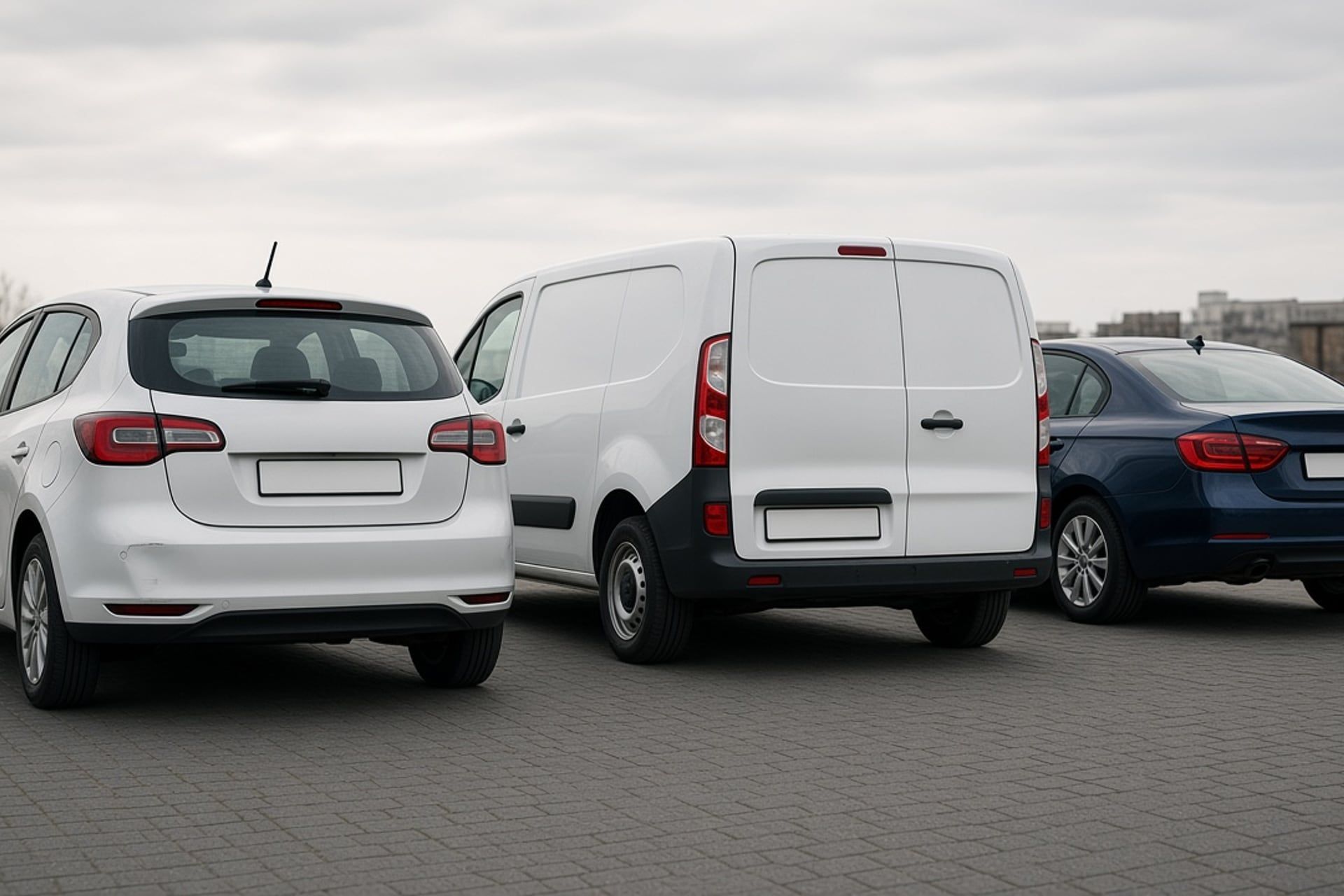 Pkw, Transporter und Limousine nebeneinander als unterschiedliche Fahrzeugarten