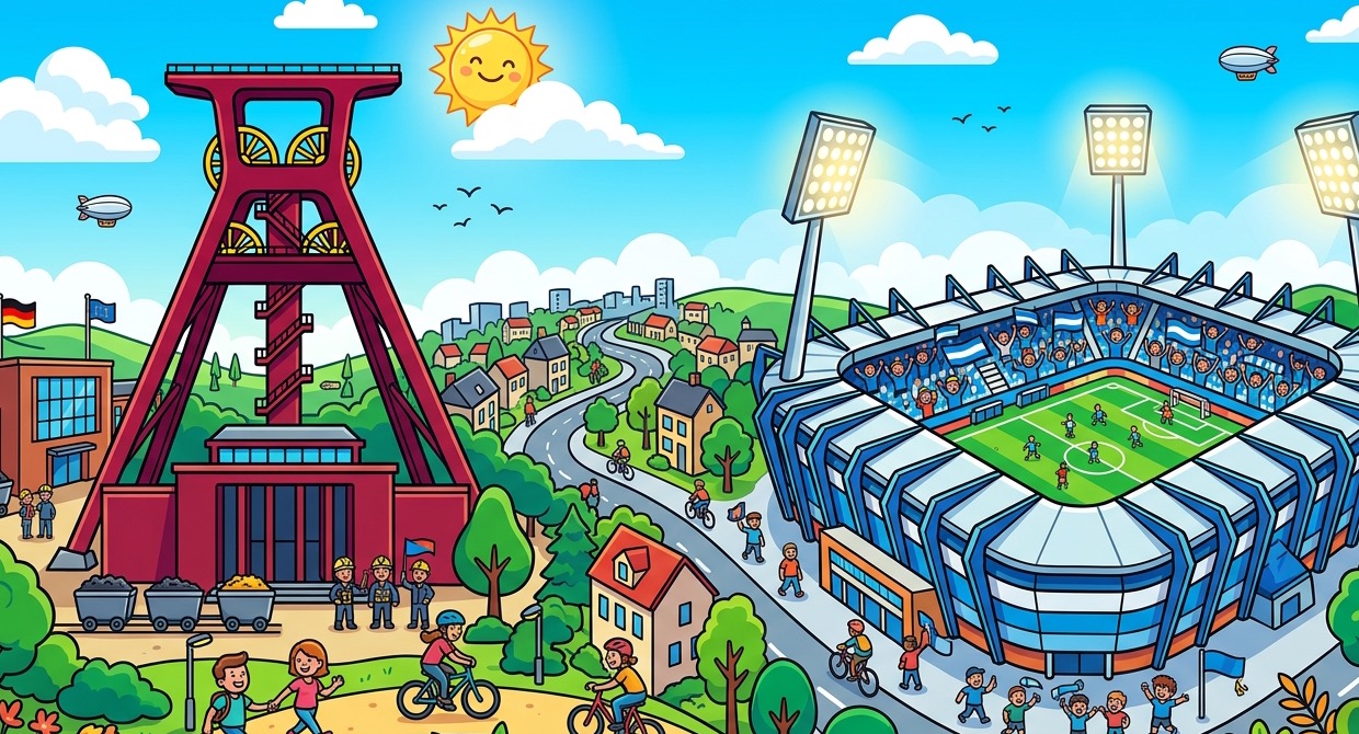 Bochum Karikatur: Deutsches Bergbau-Museum Förderturm und Vonovia Ruhrstadion