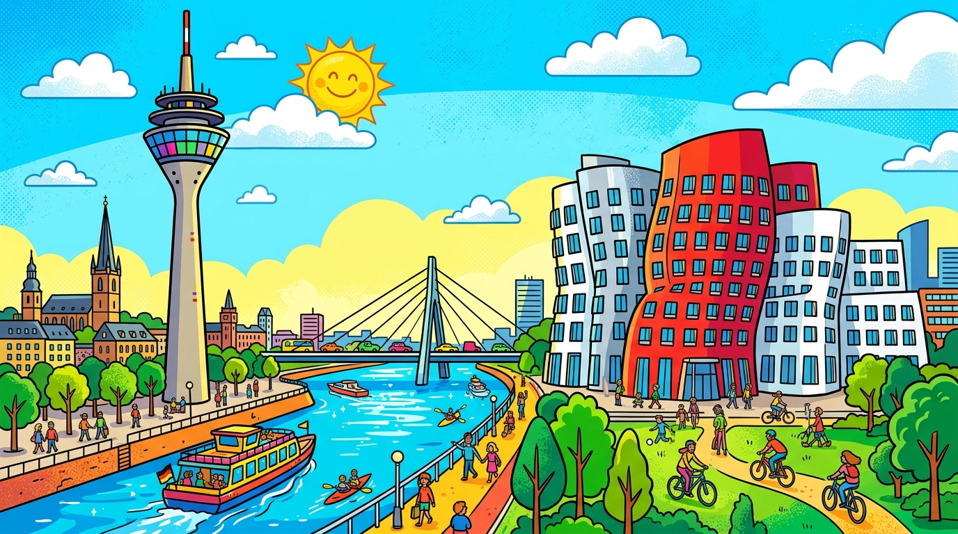 Düsseldorf Karikatur: Rheinturm und Gehry Bauten im Medienhafen
