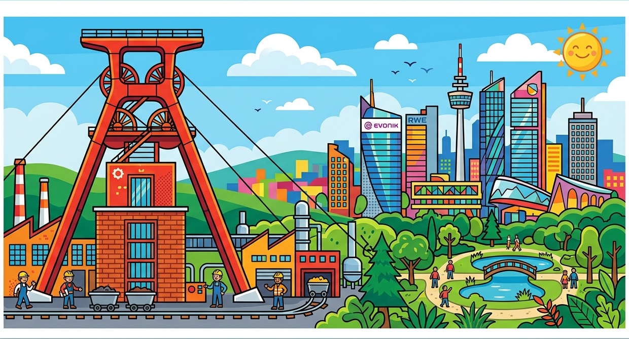 Essen Karikatur: Zeche Zollverein Doppelbock Förderturm und Skyline