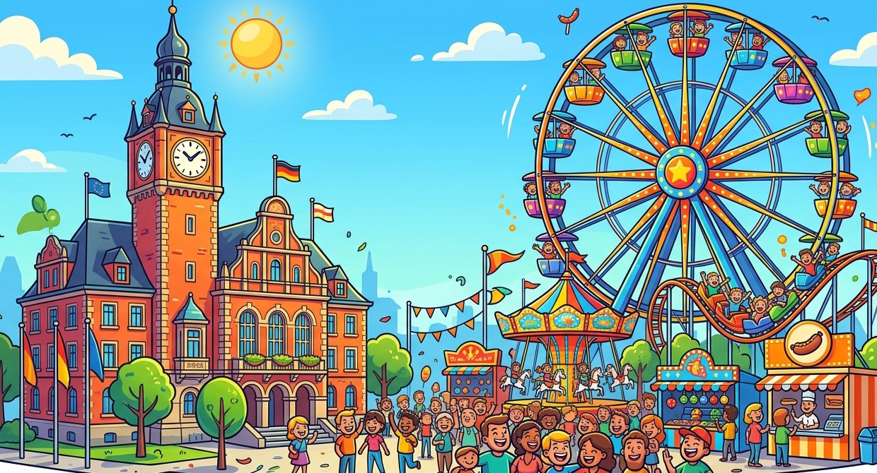 Herne Karikatur: Historisches Rathaus Herne und Cranger Kirmes Riesenrad