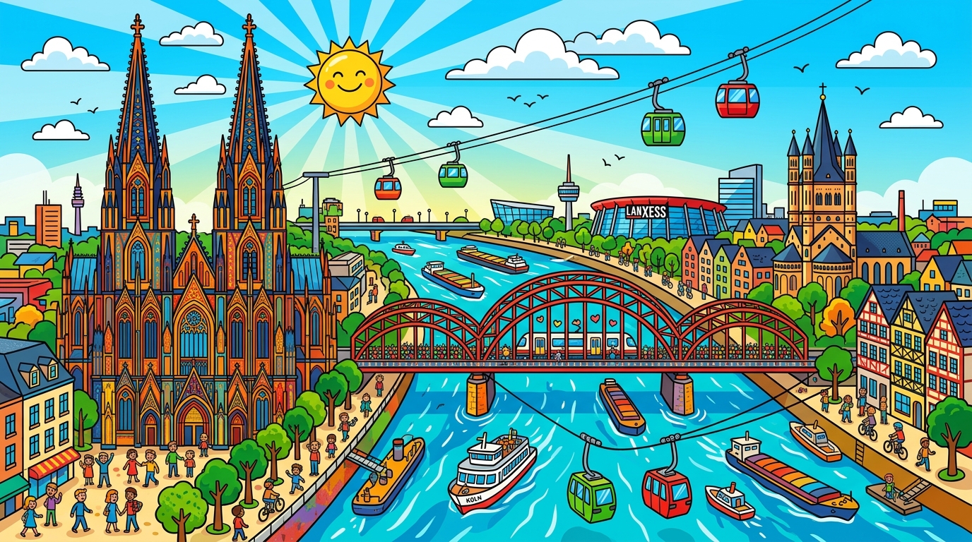 Köln Karikatur: Kölner Dom und Hohenzollernbrücke am Rhein