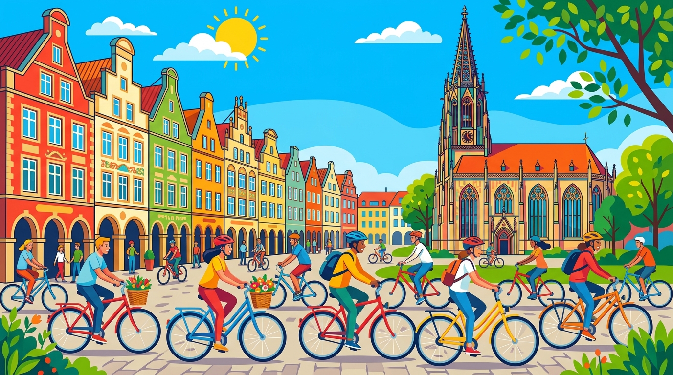 Münster Karikatur: Prinzipalmarkt Giebelhäuser und Fahrradstadt