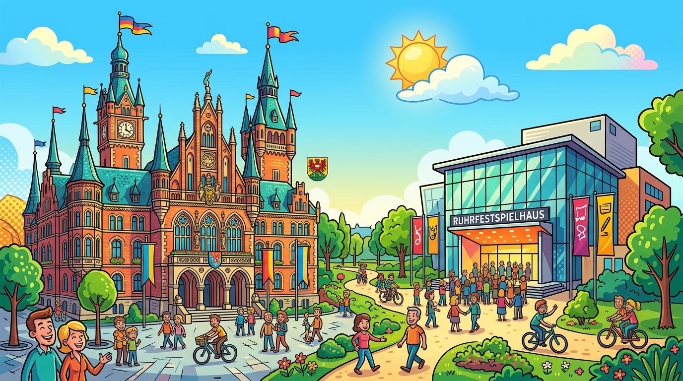 Recklinghausen Karikatur: Rathaus und Ruhrfestspielhaus